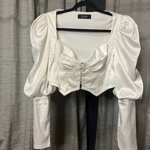 White Long Sleeve Silk Crop-Top